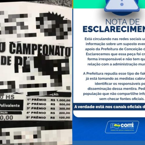 Após fake news com imagem de suposto campeonato sexual viralizar com marca da prefeitura de Coité, órgão adota medidas judiciais. Confira a nota na íntegra!